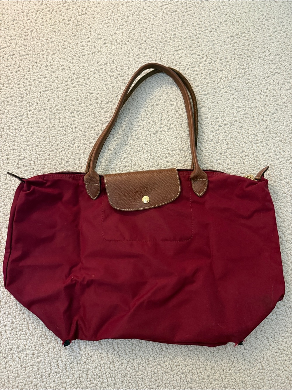 Longchamp Foldable Tote in Burgundy with Brown Trim